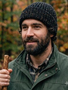 Handmade Charcoal Black Tweed Beanie – Cozy Cotton & Alpaca Blend – Unisex Hat